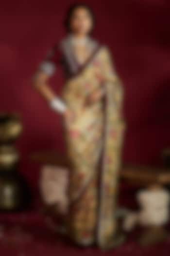 Yellow Silk Handpainted & Embroidered Wedding Saree Set by Ekaari at Pernia's Pop Up Shop