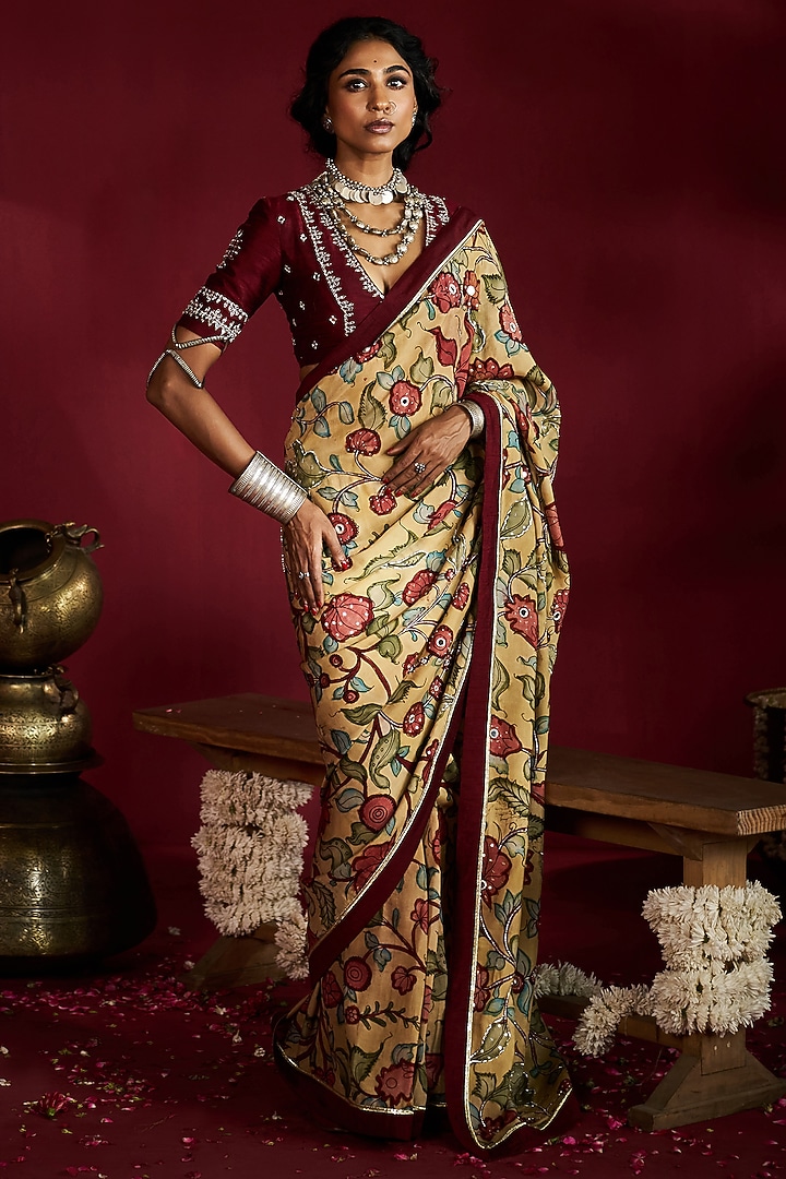 Yellow Silk Handpainted & Embroidered Wedding Saree Set by Ekaari at Pernia's Pop Up Shop