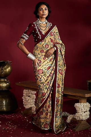 Yellow Silk Kalamkari Handpainted & Hand Embroidered Saree Set by Ekaari