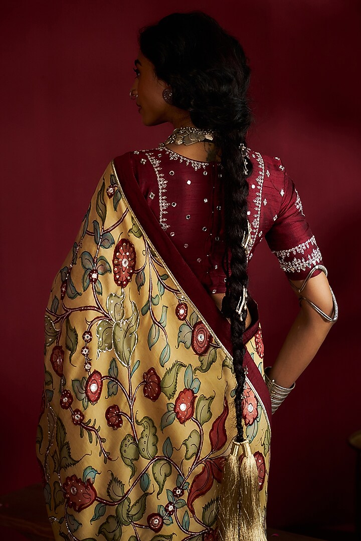 Yellow Silk Kalamkari Handpainted & Hand Embroidered Wedding Saree Set by Ekaari at Pernia's Pop Up Shop