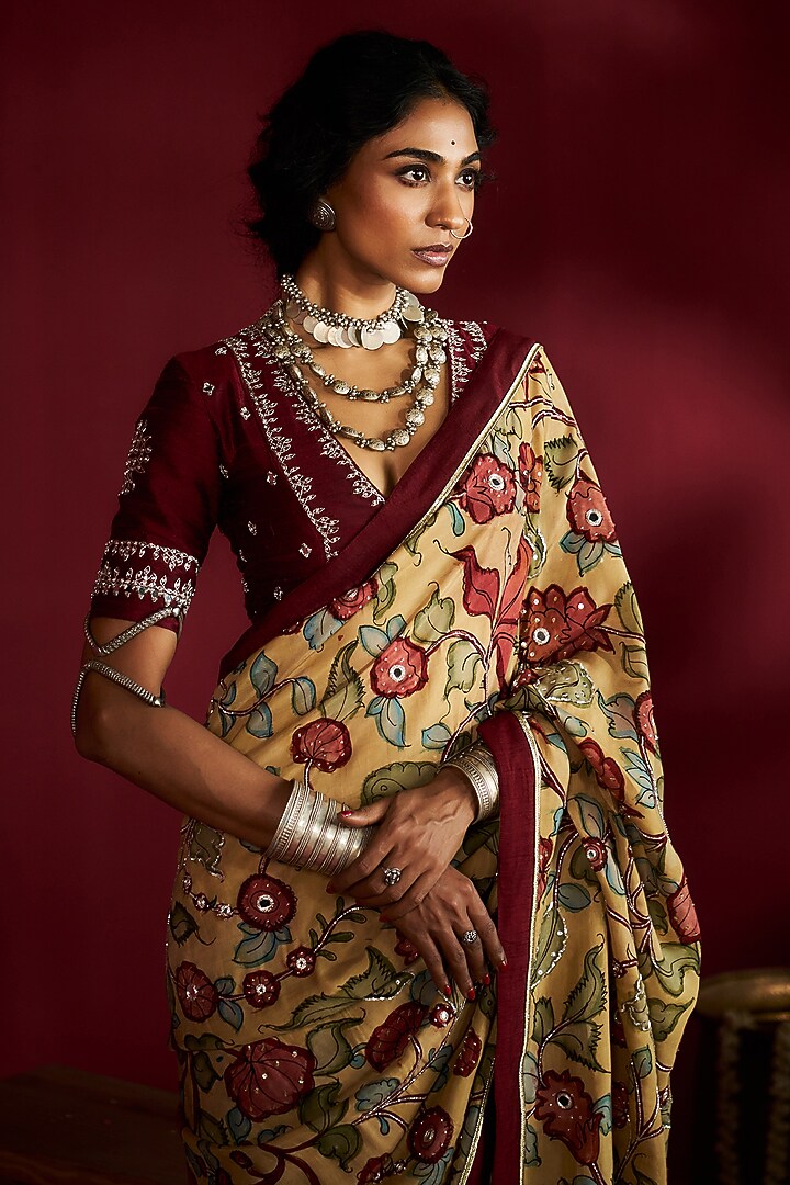 Yellow Silk Kalamkari Handpainted & Hand Embroidered Wedding Saree Set by Ekaari at Pernia's Pop Up Shop