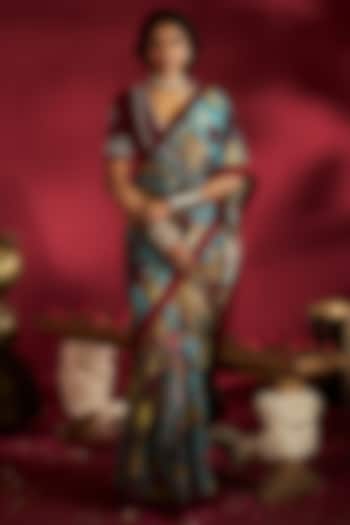 Blue Silk Handpainted & Embroidered Wedding Saree Set by Ekaari at Pernia's Pop Up Shop