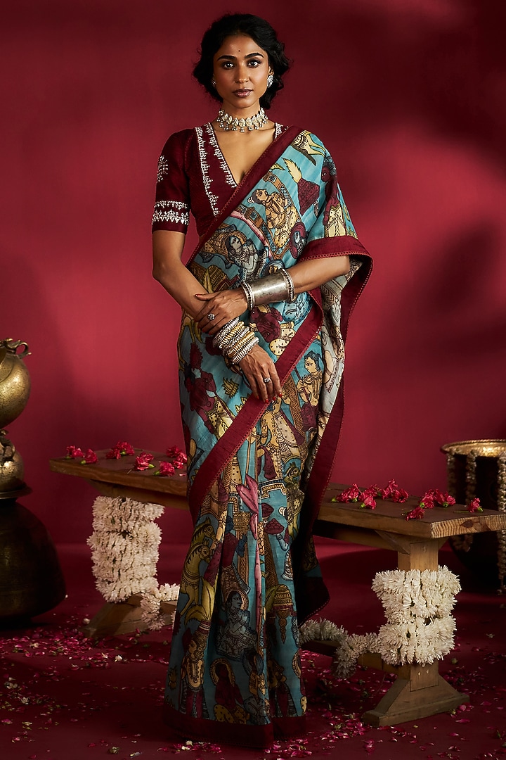Blue Silk Handpainted & Embroidered Wedding Saree Set by Ekaari at Pernia's Pop Up Shop