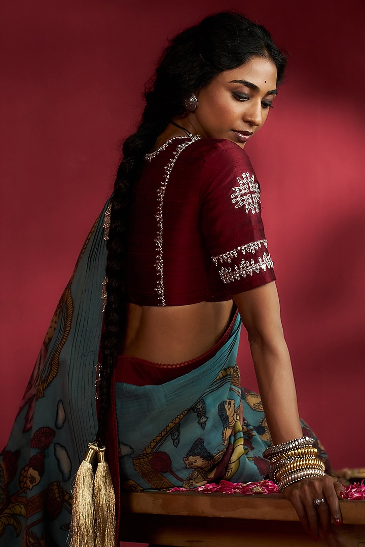 Blue Silk Kalamkari Handpainted & Hand Embroidered Wedding Saree Set by Ekaari at Pernia's Pop Up Shop