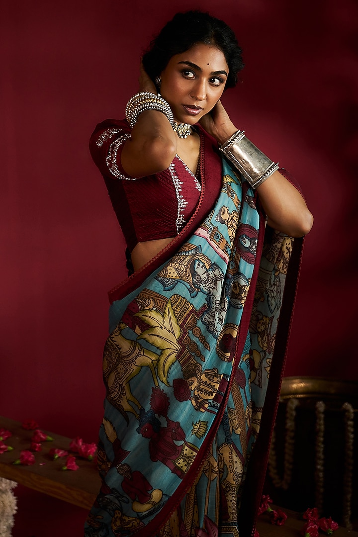 Blue Silk Kalamkari Handpainted & Hand Embroidered Wedding Saree Set by Ekaari at Pernia's Pop Up Shop