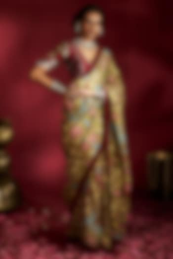 Green Silk Handpainted Wedding Saree Set by Ekaari at Pernia's Pop Up Shop