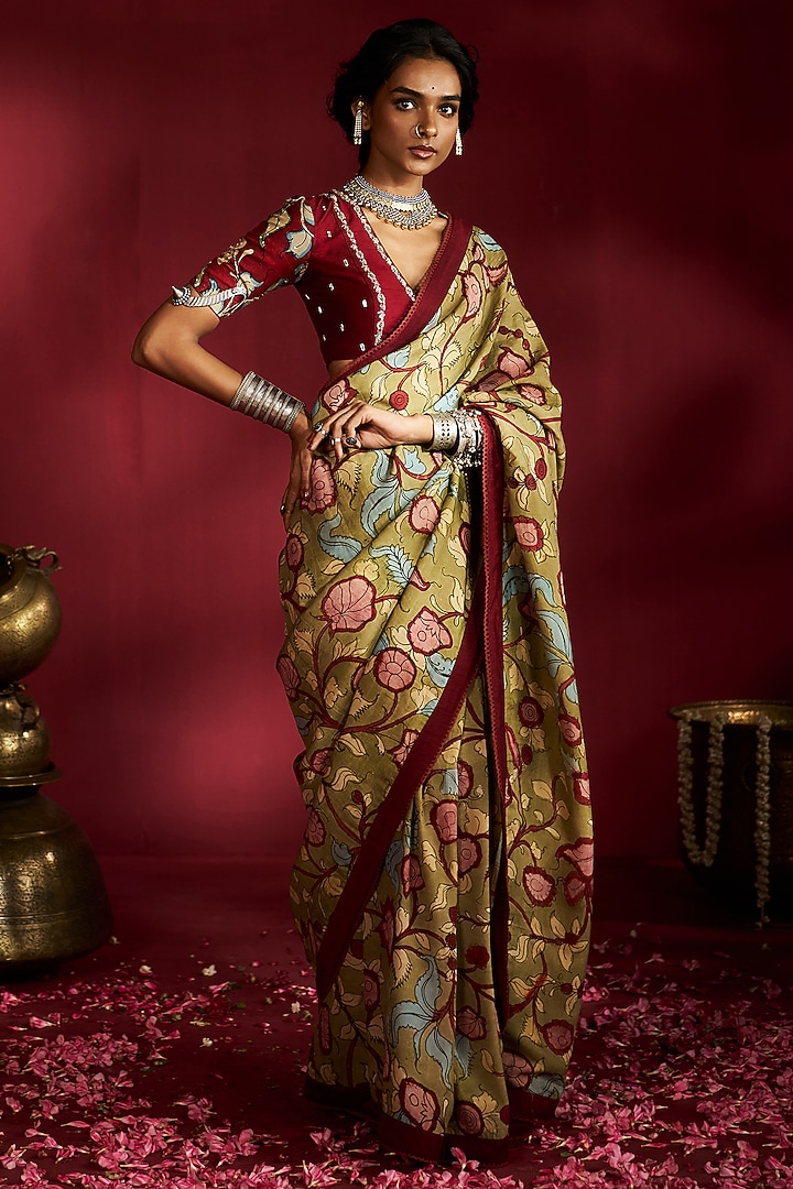 Green Silk Handpainted Wedding Saree Set by Ekaari at Pernia's Pop Up Shop