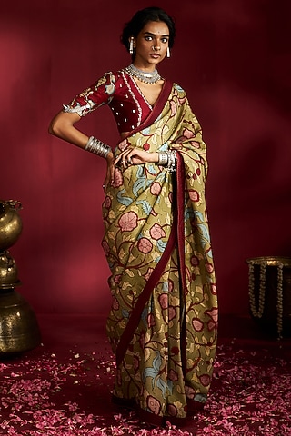 Green Silk Kalamkari Handpainted Saree Set by Ekaari