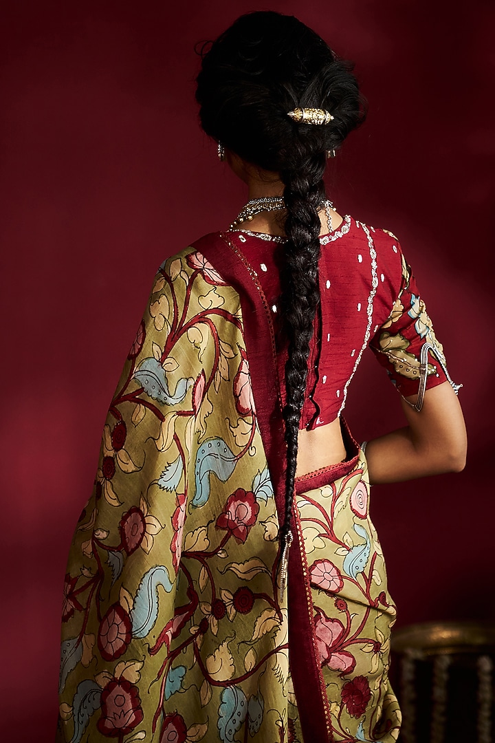 Green Silk Kalamkari Handpainted Wedding Saree Set by Ekaari at Pernia's Pop Up Shop