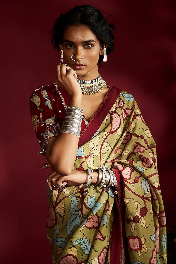 Green Silk Kalamkari Handpainted Wedding Saree Set by Ekaari at Pernia's Pop Up Shop