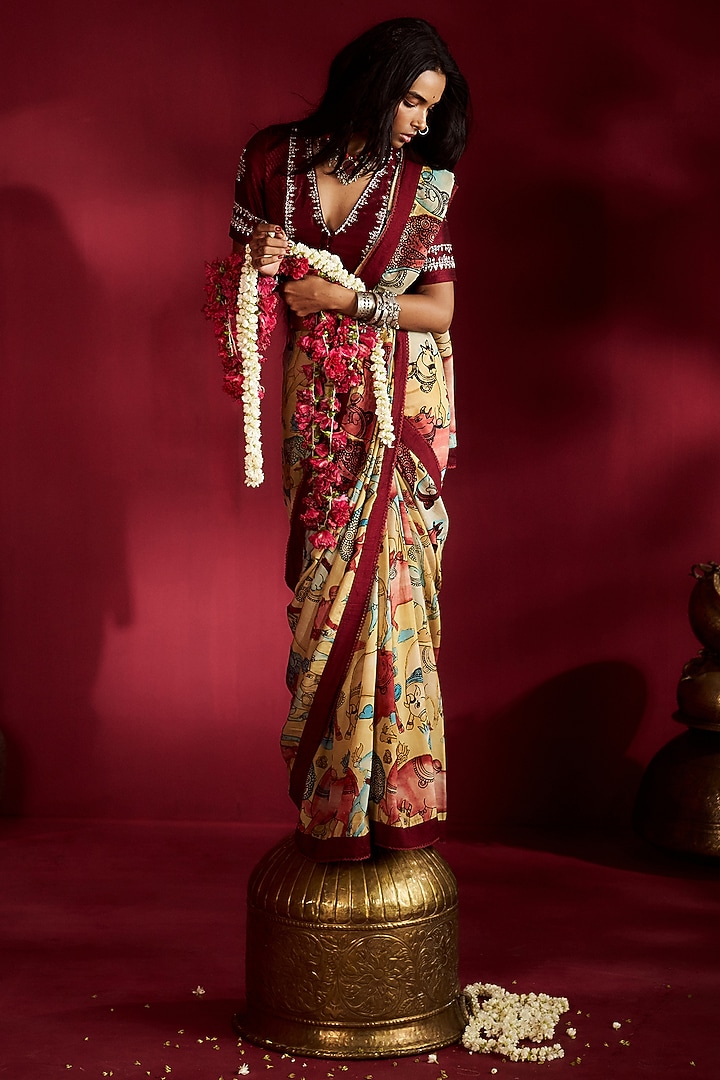 Yellow Silk Handpainted Party Wear Saree Set by Ekaari at Pernia's Pop Up Shop