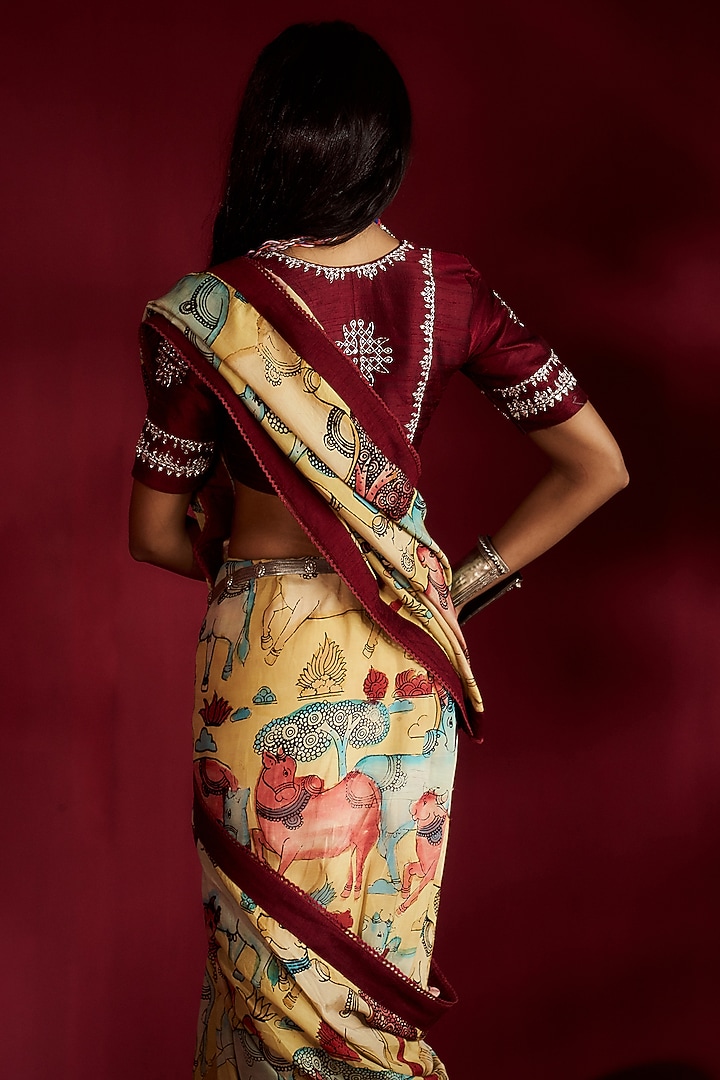 Yellow Silk Kalamkari Handpainted Party Wear Saree Set by Ekaari at Pernia's Pop Up Shop