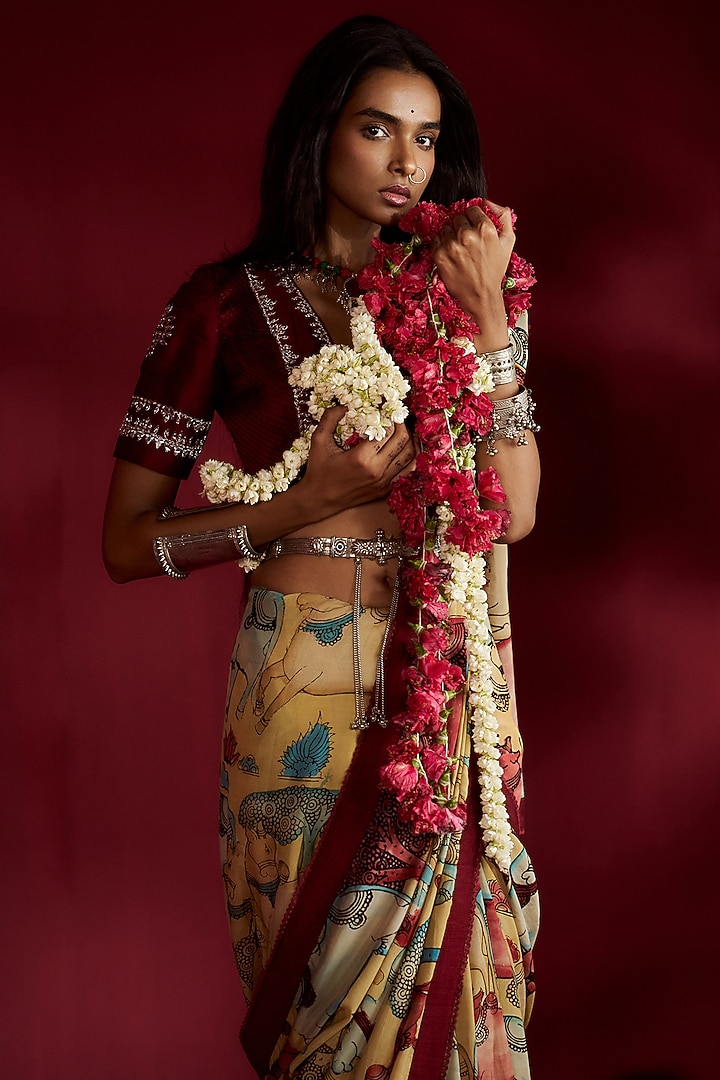 Yellow Silk Kalamkari Handpainted Party Wear Saree Set by Ekaari at Pernia's Pop Up Shop