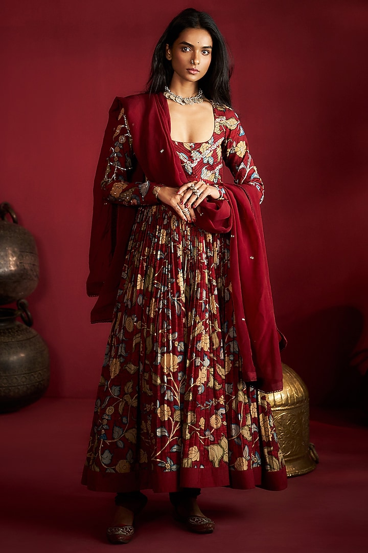 Maroon Silk Handpainted & Embroidered Wedding Anarkali Set by Ekaari at Pernia's Pop Up Shop