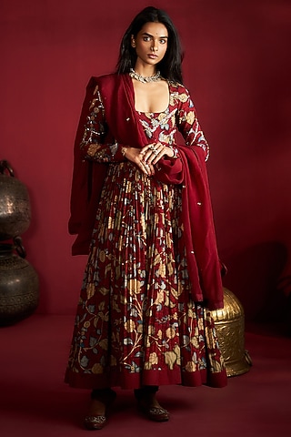 Maroon Silk Kalamkari Handpainted & Embroidered Anarkali Set by Ekaari