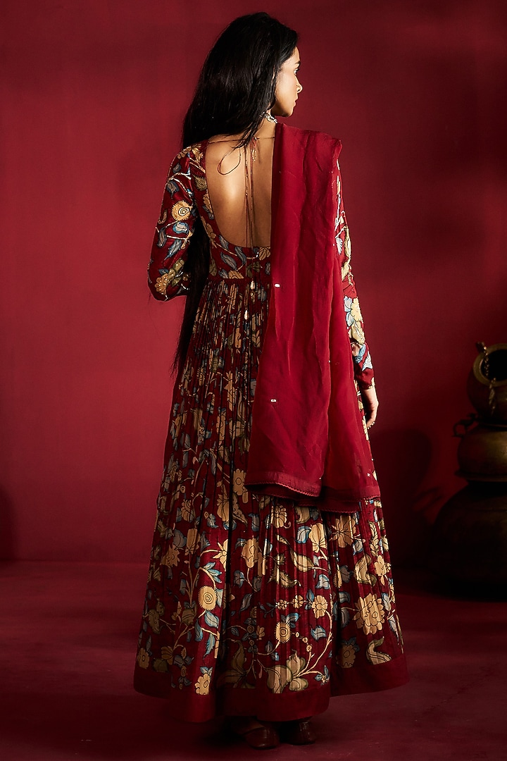 Maroon Silk Kalamkari Handpainted & Embroidered Wedding Anarkali Set by Ekaari at Pernia's Pop Up Shop
