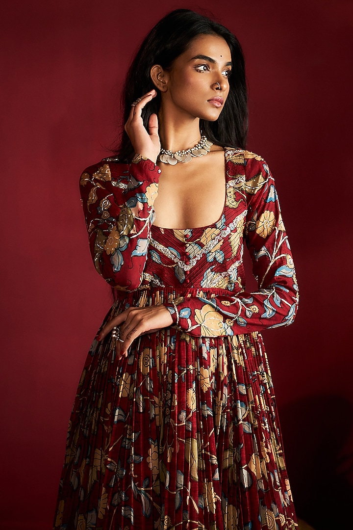 Maroon Silk Kalamkari Handpainted & Embroidered Wedding Anarkali Set by Ekaari at Pernia's Pop Up Shop