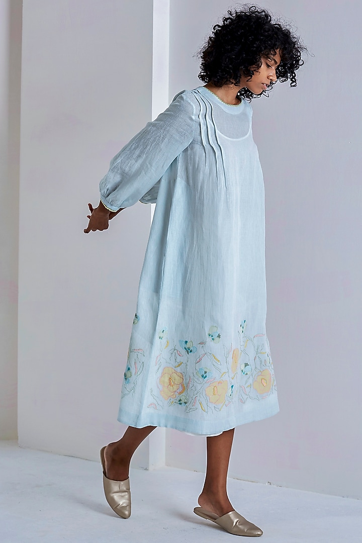 Sky Blue Floral Embroidered Dress by EKA