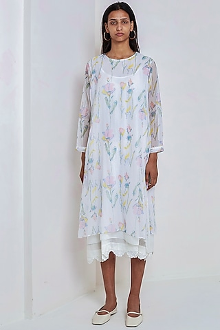 White Floral Block Printed Dress by EKA