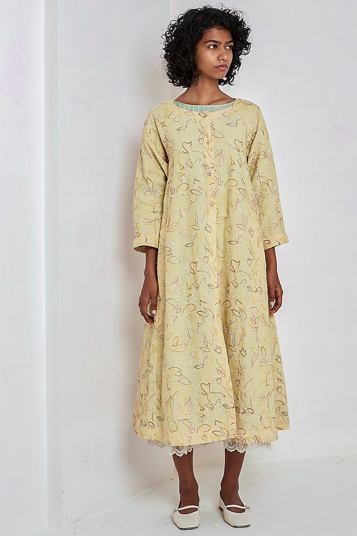 Yellow Embroidered Over Dress by EKA