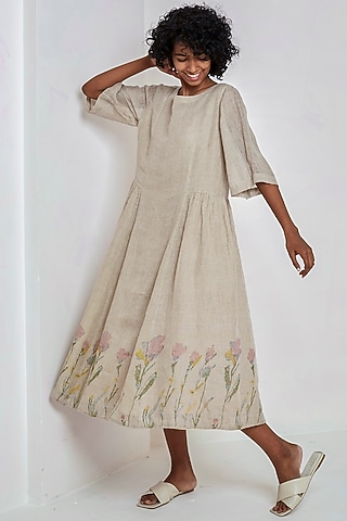Beige Floral Printed Dress by EKA