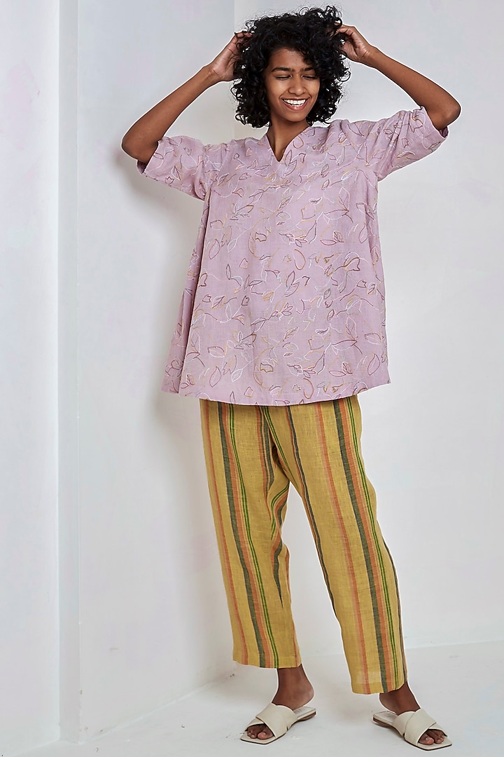 Mauve Embroidered Linen Top by EKA