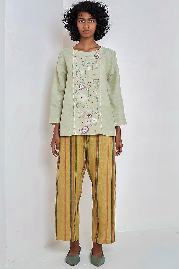 Mint Embroidered Linen Top by EKA