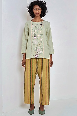 Mint Embroidered Linen Top by EKA