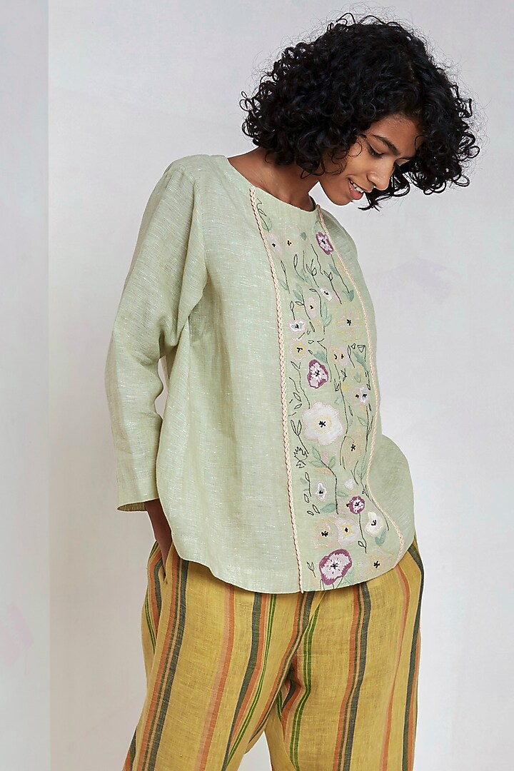 Mint Embroidered Linen Top by EKA at Pernia's Pop Up Shop