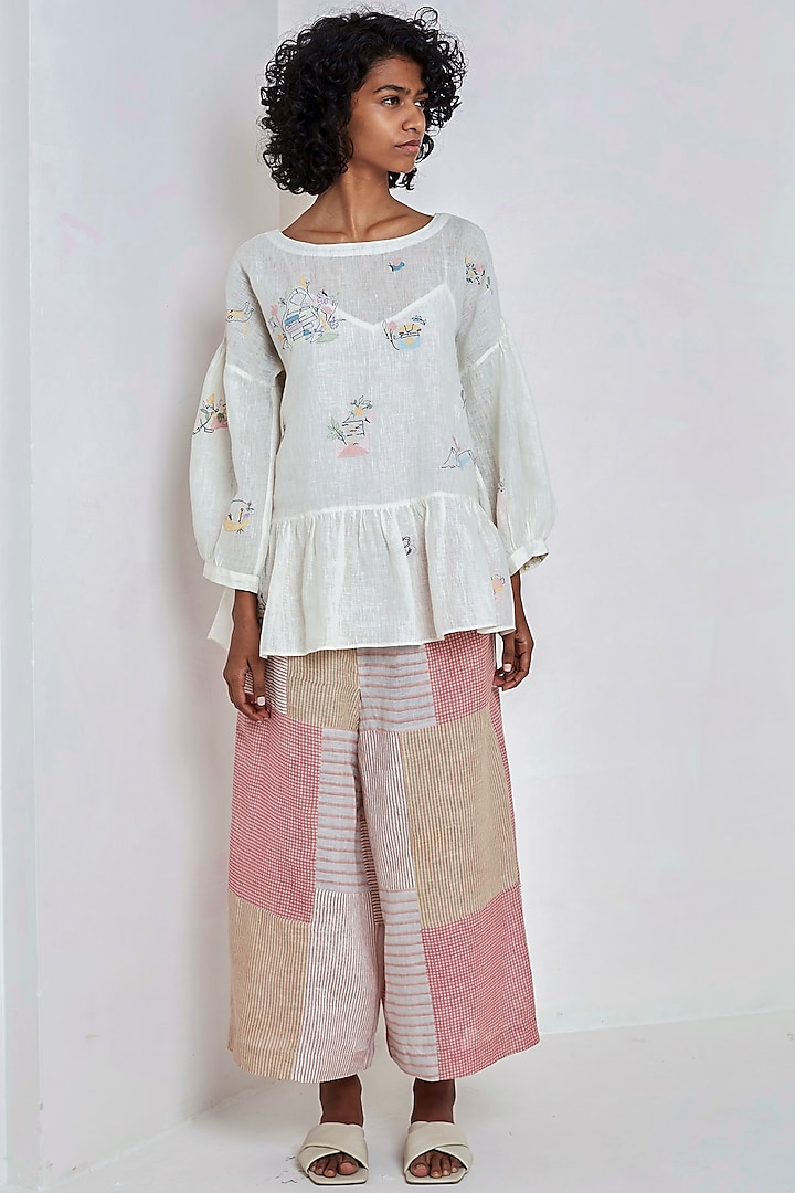 White Embroidered & Gathered Top by EKA