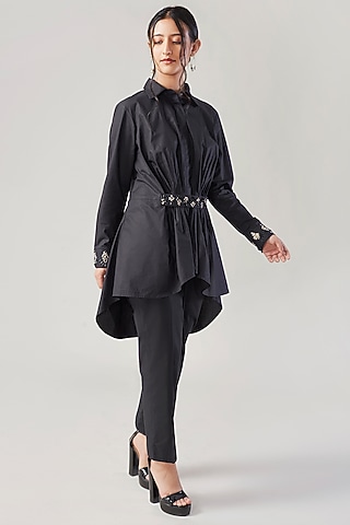 Black Cotton & Poplin Embroidered Co-Ord Set by Ek Dhaaga
