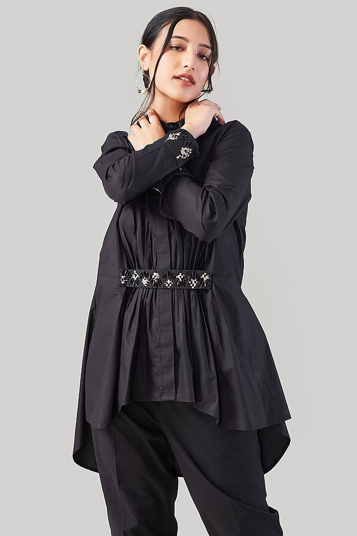 Black Cotton & Poplin Embroidered Co-Ord Set by Ek Dhaaga at Pernia's Pop Up Shop
