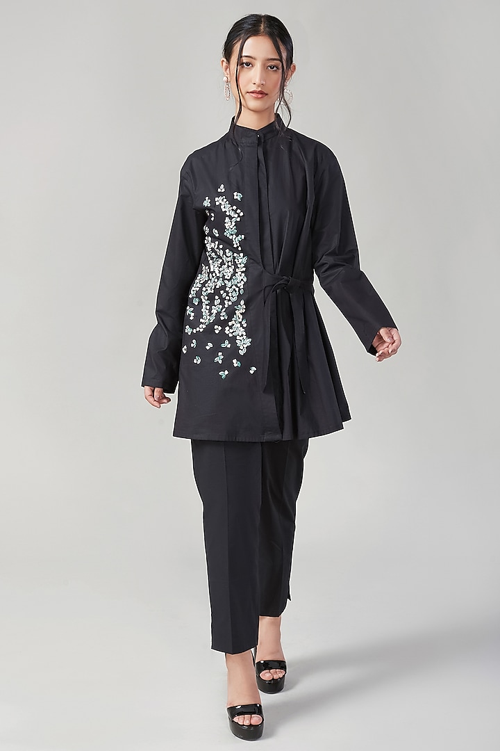 Black Cotton & Poplin Embroidered Co-Ord Set by Ek Dhaaga