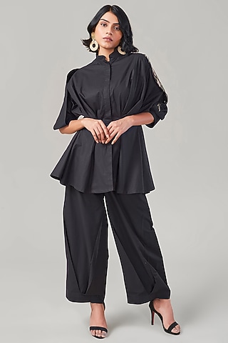 Black Cotton & Poplin Embroidered Co-Ord Set by Ek Dhaaga