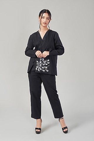Black Cotton & Poplin Embroidered Co-Ord Set by Ek Dhaaga