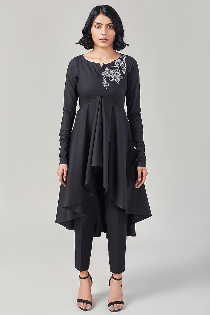 Black Cotton & Poplin Embroidered Tunic Set by Ek Dhaaga