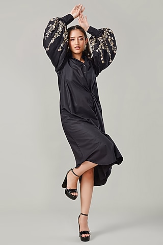 Black Cotton & Poplin Embroidered Shirt Dress by Ek Dhaaga
