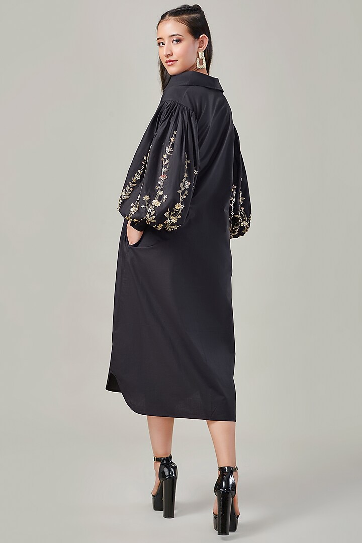 Black Cotton & Poplin Embroidered Summer Shirt Dress by Ek Dhaaga at Pernia's Pop Up Shop