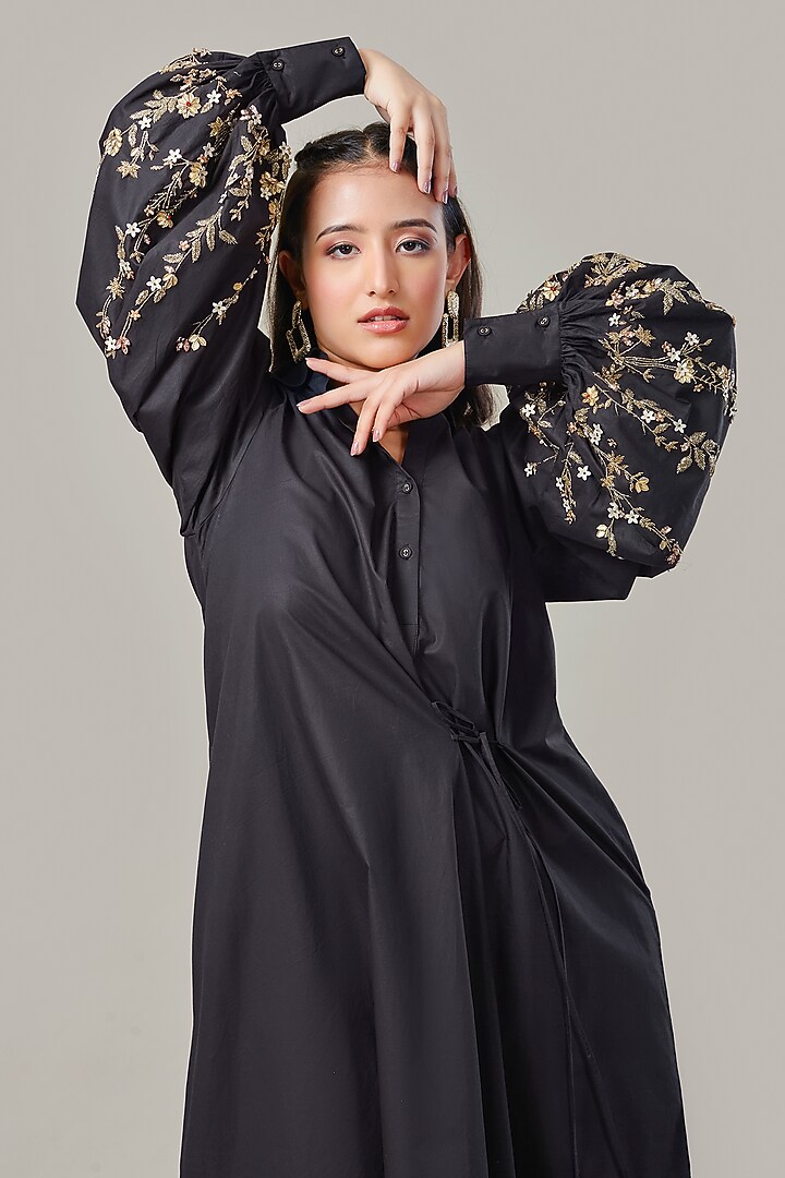 Black Cotton & Poplin Embroidered Summer Shirt Dress by Ek Dhaaga at Pernia's Pop Up Shop