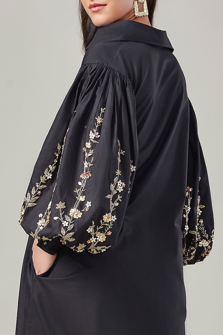 Black Cotton & Poplin Embroidered Summer Shirt Dress by Ek Dhaaga at Pernia's Pop Up Shop