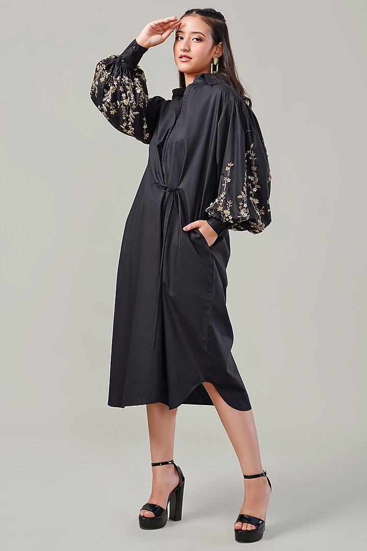 Black Cotton & Poplin Embroidered Summer Shirt Dress by Ek Dhaaga at Pernia's Pop Up Shop