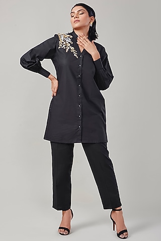 Black Cotton & Poplin Embroidered Co-Ord Set by Ek Dhaaga