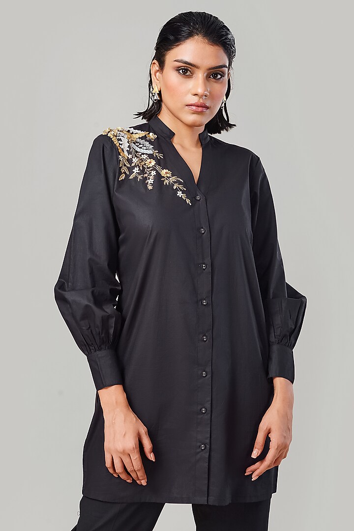 Black Cotton & Poplin Embroidered Co-Ord Set by Ek Dhaaga at Pernia's Pop Up Shop