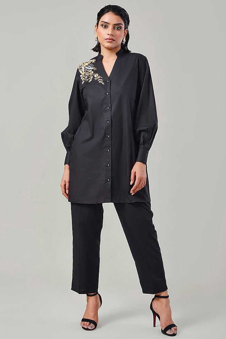 Black Cotton & Poplin Embroidered Co-Ord Set by Ek Dhaaga at Pernia's Pop Up Shop