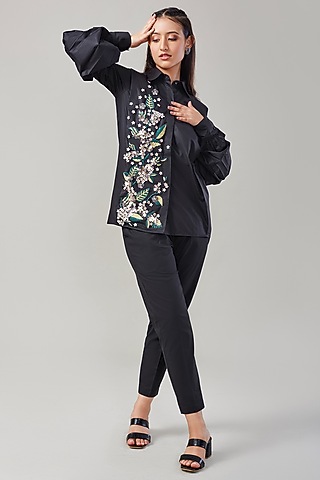 Black Cotton & Poplin Embroidered Co-Ord Set by Ek Dhaaga