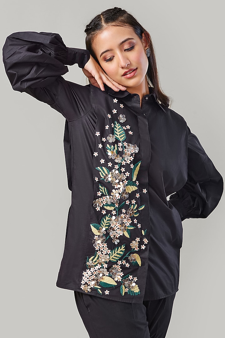 Black Cotton & Poplin Embroidered Co-Ord Set by Ek Dhaaga at Pernia's Pop Up Shop