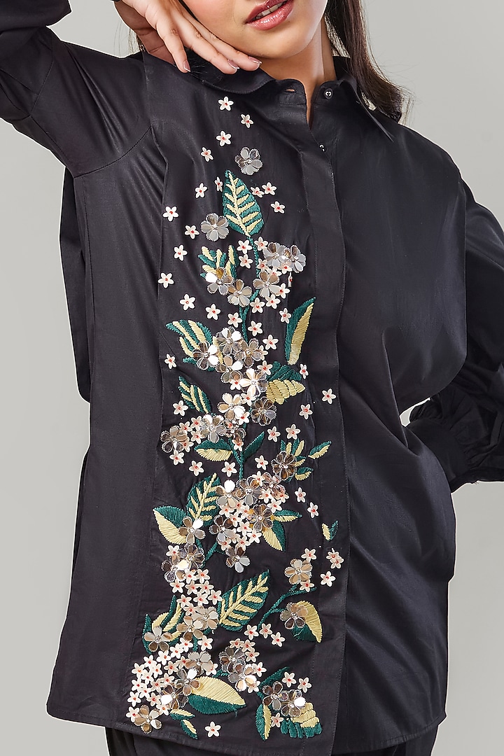 Black Cotton & Poplin Embroidered Co-Ord Set by Ek Dhaaga at Pernia's Pop Up Shop