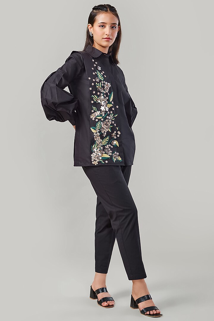 Black Cotton & Poplin Embroidered Co-Ord Set by Ek Dhaaga at Pernia's Pop Up Shop