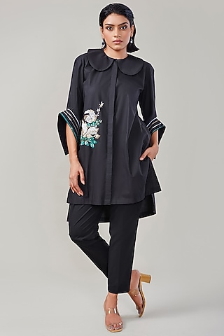 Black Cotton & Poplin Embroidered Co-Ord Set by Ek Dhaaga