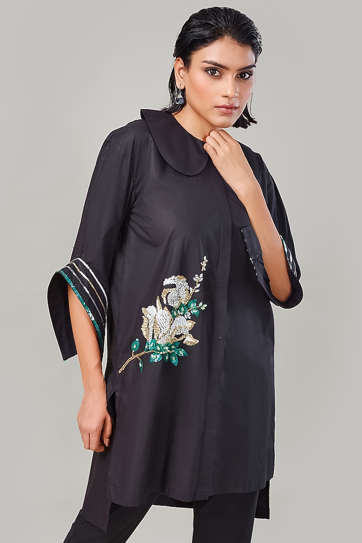 Black Cotton & Poplin Embroidered Co-Ord Set by Ek Dhaaga at Pernia's Pop Up Shop